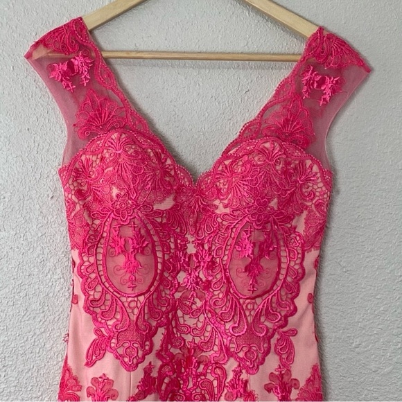 JVN by Jovani Bonny Dress Pink Crochet Lace Beige Sheer Cocktail Mini - Picture 3 of 13